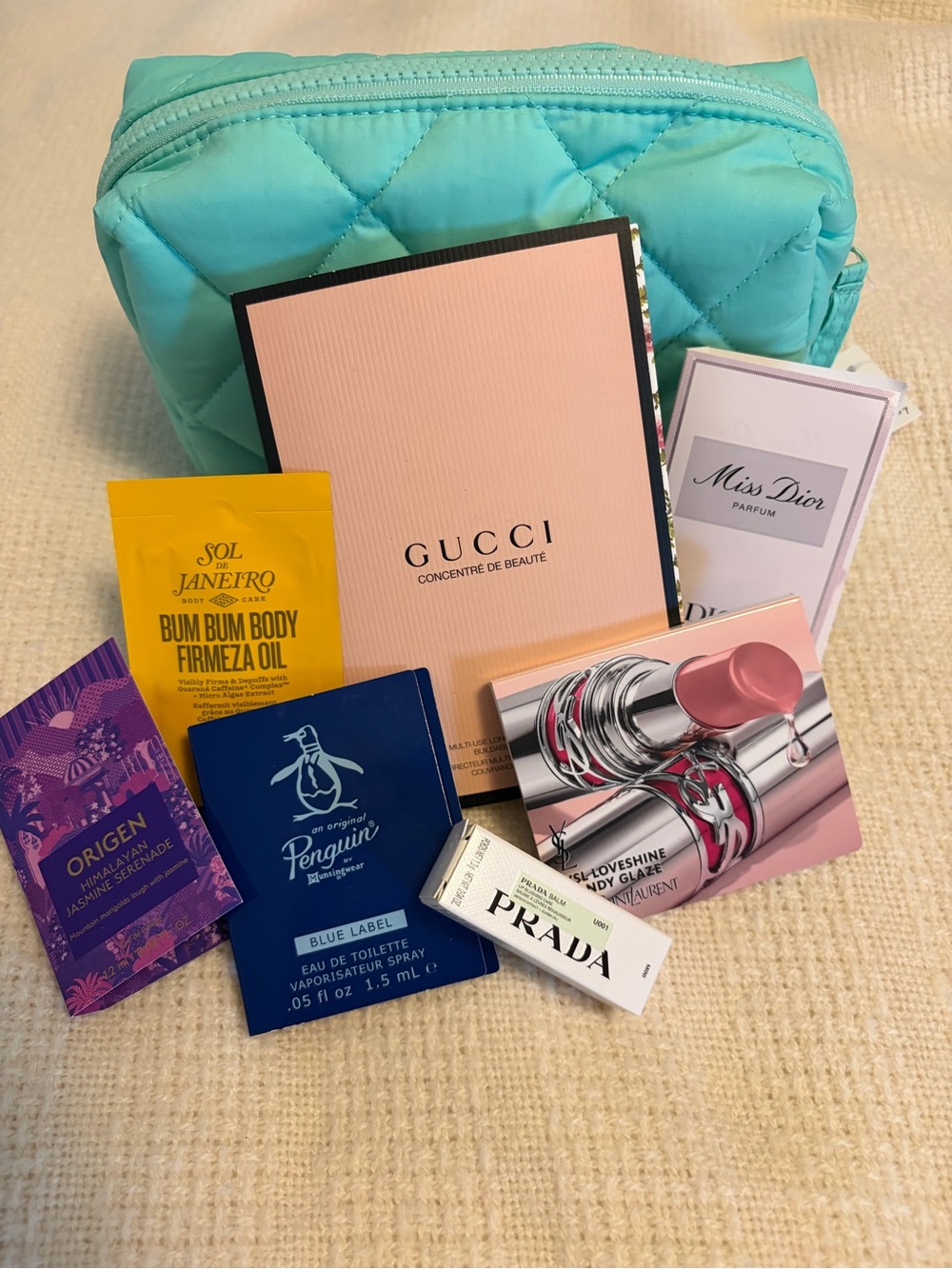 Quilted Teal Cosmetic Pouch with Assorted Fragrance & Beauty Samples-Luxury